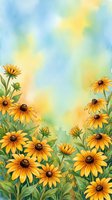 Watercolor black-eyed Susan flowers in vibrant yellow bloom against a soft blue and yellow sky background with copy space.