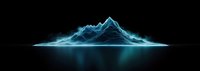 Glowing blue mountain peak reflection on dark water surface creates ethereal panoramic landscape with dramatic lighting and mysterious atmosphere.