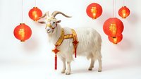 White goat with golden harness surrounded by red Chinese lanterns on clean background for lunar new year celebrations and festive designs.