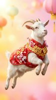 White goat in traditional red floral costume jumping against colorful bokeh background for lunar new year celebration and festive holiday greeting cards.