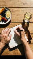 Man writing on notebook at wooden table with fresh fruit bowl, lemon water, and pen during daytime planning or journaling session.