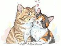 Two adorable kittens cuddling together with hearts floating above, showing affection and love. Tabby and calico cats in sweet embrace for pet themes.