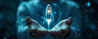 Male hands holding glowing rocket hologram against dark background with blue light effects, symbolizing business startup launch and innovation in technology sector.