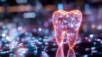 Glowing pink tooth shape with sparkles on reflective surface against blurred bokeh background creates magical dental care concept. Suitable for healthcare designs.