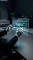 Hands interacting with futuristic holographic interface displaying tree network diagram in modern office environment for digital transformation concepts.