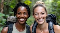 Two smiling female hikers with backpacks enjoying outdoor adventure together in nature. Close up portrait against green forest background shows genuine friendship and joy.