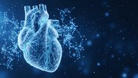 Digital wireframe human heart with glowing particles and network connections on dark blue background for medical technology presentations.