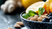 Fresh citrus fruits, blueberries, almonds and mint leaves in black stone bowl on dark background. Natural ingredients for healthy eating and immunity boost.