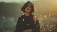 Young Asian woman with short dark hair in black outfit against golden sunset with bokeh light particles, creating atmospheric portrait.