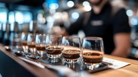 Row of espresso shots lined up for coffee tasting on wooden bar counter with blurred barista and bokeh lights in background, professional cupping session.