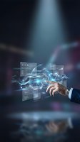 Businessman hand interacting with glowing digital holographic interface displaying data analytics, charts, and technology icons for business solutions and innovation.