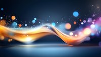 Glowing wave with orange and blue light effects on dark background, floating particles and bokeh circles create magical atmosphere.