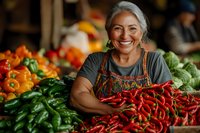 Cheerful mature Hispanic woman vendor displaying fresh red chili peppers at colorful farmers market stall with assorted vegetables and produce. Authentic market scene.
