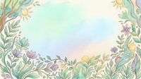 Soft watercolor floral frame with pastel green, purple, and yellow flowers, leaves, and sun motifs surrounding a dreamy open center space.