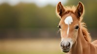 Young chestnut foal with white blaze looking directly at camera in sunny pasture with soft bokeh background creating warm pastoral equine portrait.