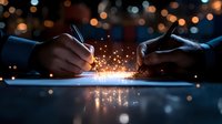 Magical sparks illuminate hands signing document in dark room with bokeh lights. Contract signing moment captured with creative light effects and reflective surface.