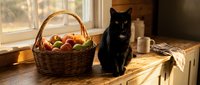 Black cat sitting beside wicker basket filled with fresh apples on wooden table near window with warm sunlight, suitable for home decor and lifestyle content.