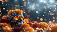 Decorative sugar skull with glowing eyes surrounded by orange marigold flowers against dark background with bokeh lights, Day of Dead celebration atmosphere.