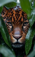 Jaguar face peering through wet rainforest leaves, intense amber eyes gazing directly at camera in natural habitat.