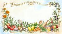 Watercolor frame with vegetables, herbs, and kitchen utensils on white background, isolated and ready for design use.