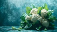 Fresh organic cauliflower heads with green leaves on dark turquoise background with water drops and dramatic lighting, raw healthy vegetable produce.
