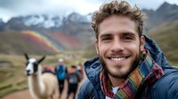 Young Caucasian male traveler with beard taking selfie while smiling, wearing colorful scarf and jacket, with llama and Rainbow Mountain peaks in background, Peru adventure tourism.