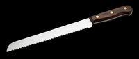 Serrated bread knife with dark wooden handle isolated on transparent background, ready for clipart, t-shirt design, print-on-demand, and sublimation projects.
