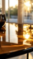 Warm golden sunlight streaming through window onto polished wooden table surface creating atmospheric reflections and bokeh light patterns in cozy interior.