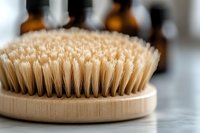 Natural wooden body brush with soft bristles in macro view against blurred amber glass bottles, showcasing sustainable personal care and spa wellness accessories.