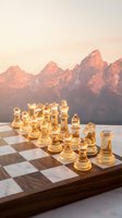 Golden glass chess set on wooden board with dramatic mountain sunset backdrop creating warm atmospheric lighting for strategic thinking concepts.