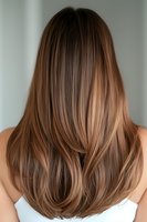 Back view of long straight brown hair with caramel balayage highlights showing professional salon styling result on woman wearing white top.