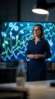Middle-aged woman with light skin tone and shoulder-length brown hair wearing glasses and dark navy blazer stands presenting financial data on digital screen displaying percentage symbols and upward trending charts in modern office setting.