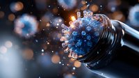 Glowing blue virus cell emerging from dark bottle with bokeh light effects, dramatic scientific concept for medical and healthcare visualization.