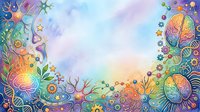 Colorful abstract brain and nature illustration with vibrant watercolor florals, botanical elements, and decorative patterns creating a whimsical border frame design.