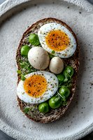 Healthy breakfast toast with soft boiled eggs, fresh green peas, microgreens and black pepper on dark bread, served on gray ceramic plate.