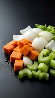 Fresh diced vegetables including orange carrots, white onions and green celery on dark slate surface with water droplets for cooking preparation.