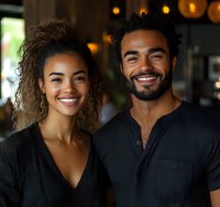Young African American couple smiling at restaurant, wearing black outfits. Natural curly hair and genuine expressions show modern lifestyle and relationship.