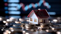 Small house model surrounded by coins with blurred financial charts in background representing real estate investment and property market growth.