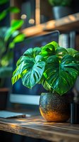 Lush green Monstera deliciosa plant with large split leaves in decorative gold speckled pot on wooden desk, natural sunlight creating warm ambiance in modern space.