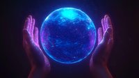 Glowing blue sphere floating between hands against dark background, mystical energy orb with network connections emitting neon light in spiritual gesture.