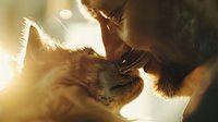 Tender moment between bearded man and ginger cat touching noses against golden sunlight background, showing love and connection between human and pet companion.