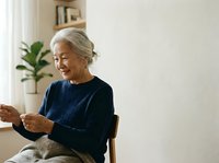 Senior woman with gray hair, East Asian ethnicity, wearing dark navy sweater, sitting indoors knitting with yarn and needles. Bright natural light from window, potted plant and bookshelf visible in background. Suitable for lifestyle, wellness, hobbies, retirement and crafts content.