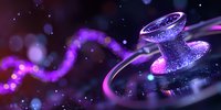 Medical stethoscope with purple glowing magical effect and sparkles on dark background, healthcare concept with mystical atmosphere.