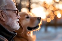 Senior Caucasian man with glasses and white beard sharing tender moment with golden retriever dog at sunset, warm bokeh lights creating magical atmosphere.