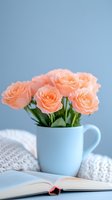 Fresh peach roses in light blue ceramic mug on open book with knitted throw blanket against blue wall background, creating soft romantic atmosphere.