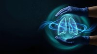 Medical professional hands protecting glowing lung hologram with energy rings on dark background for healthcare technology and respiratory medicine concepts.