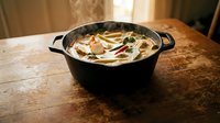 Creamy Asian noodle soup with mushrooms and vegetables simmering in black cast iron pot on wooden table, ready for serving.