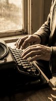 Elderly hands typing on vintage typewriter by window with warm sunlight creating nostalgic atmosphere for writing and storytelling projects.