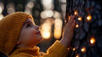 Young African American girl in yellow knit hat touching tree trunk decorated with warm glowing lights at dusk, expressing wonder and joy during holiday season.