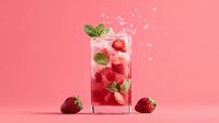 Refreshing strawberry mint cocktail with sparkling water and ice cubes in tall glass on pink background for summer drinks and beverage photography.